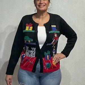 Victoria Jones Black Embellished Embroidered Christmas Vintage Cardigan Sz S